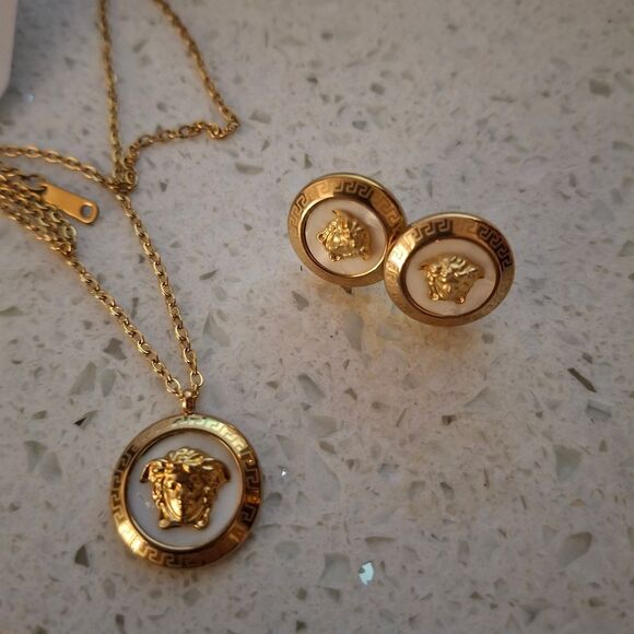 Designer Inspired 18K Gold Plated Stud Round Medusa Earrings & Necklace Set